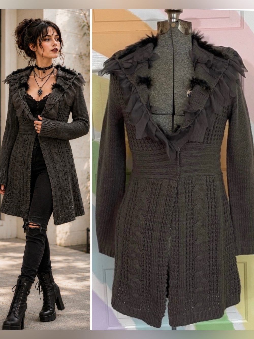 Cupio Dark Romantic Cable Knit Sweater Coat Ruffle Faux Fur Trim Cardigan~S 💚🎀